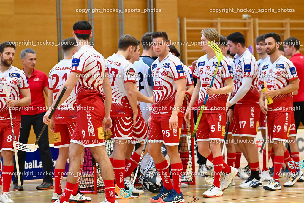 VSV Unihockey vs. KAC Floorball 4.2.2023 | KAC Floorball Mannschaft, #95 Adrian Samm, #65 Viktor Lesnjak, #39 Max Olsacher