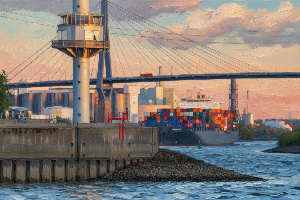 10251104 - Blick zum Köhlbrand | Hamburger Hafenszene im Stil eines Gemäldes.