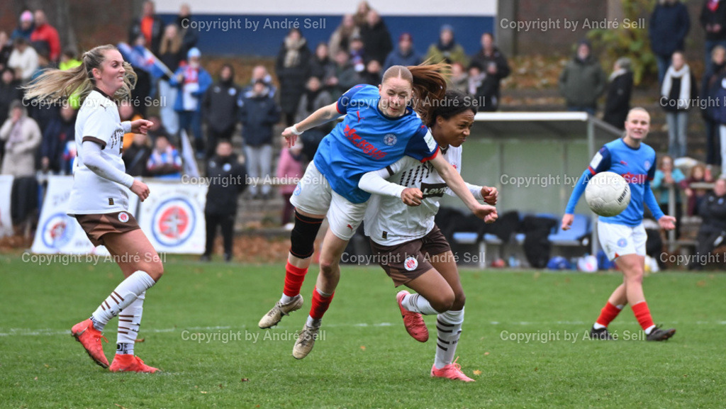 Holstein Kiel vs St. Pauli | Kira Hasse (Holstein #24) / Annie Kingman (St. Pauli #14) &amp; Midou Loubongo (St. Pauli #2) - Fußball-Regionalliga Nord Frauen 2024/2025 / Holstein Kiel vs St. Pauli / Waldwiese / Kiel / 10.11.24 - Realisiert mit Pictrs.com