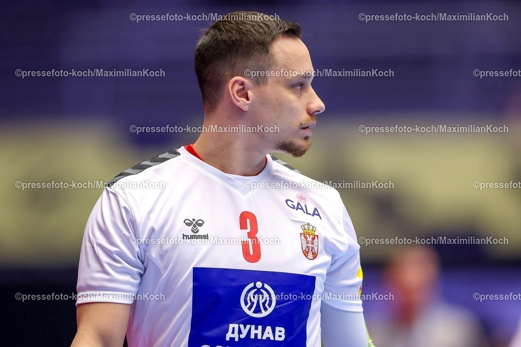 EHF15012601042 | 15.01.2026, Handball, Men's EHF EURO 2026, Spanien - Serbien, Jyske Bank Boxen in Herning, Dänemark, Preliminary Round:  Vukasin Vorkapic (Serbien #03) 