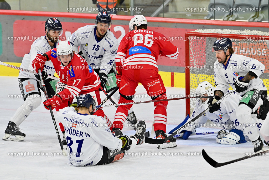 EC KAC Future Team vs. Die Adler Kitzbühl 7.10.2023 | #20 Pilloni Yannic EC KAC FUTURE TEAM, #81 Schröder Wilhelm EC Kitzbühel, #18 Kuronen Jimi EC Kitzbühel, #6 Rotter Rafael EC Kitzbühel, #86 Burgar Nejc, #76 Schubert Thomas EC Kitzbühel, EC KAC Future Team vs. Die Adler Kitzbühl 7.10.2023, EC KAC Future Team vs. Die Adler Kitzbühl am 07.10.2023 in Klagenfurt (Messehalle Klagenfurt), Austria, (Photo by Bernd Stefan)