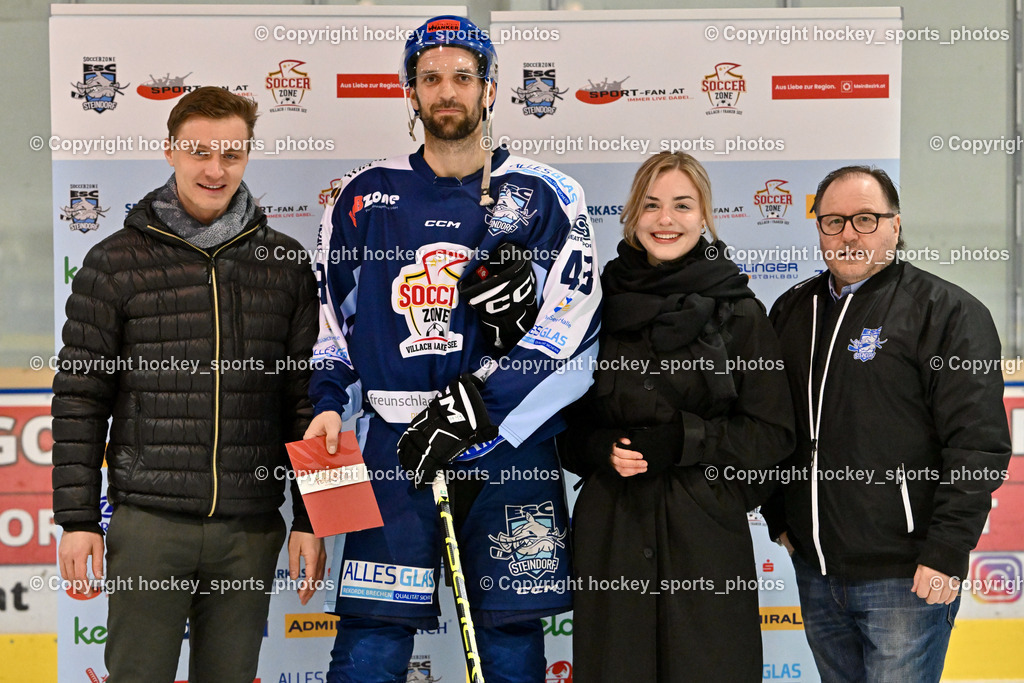 ESC Steindorf vs. EC Hornets Spittal 20.2.2024 | Sponsor des Abends Feuerberg Mountain Resort, #43 Oraze Martin ESC Steindorf, Sportlicher Leiter ESC Steindorf Ratz Armin, ESC Steindorf vs. EC Hornets Spittal 20.2.2024, ESC Steindorf vs. EC Hornets Spittal 20.2.2024 am 20.02.2024 in Steindorf (Ossiachersee Halle), Austria, (Photo by Bernd Stefan)