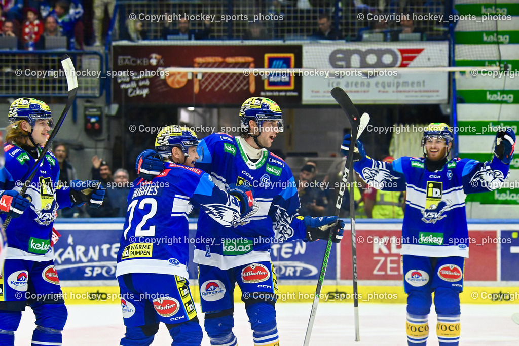 EC IDM Wärmepumpen VSV vs. EC KAC  | Jubel EC VSV Mannschaft, #12 Pearson Chase EC VSV, #72 HUGHES John EC VSV, #8 Rebernig Maximilian EC VSV, #16 HANCOCK Kevin EC VSV, EC IDM Wärmepumpen VSV vs. EC KAC , EC IDM Wärmepumpen VSV vs. EC KAC  am 27.10.2024 in Villach (Stadthalle Villach), Austria, (Photo by Bernd Stefan)