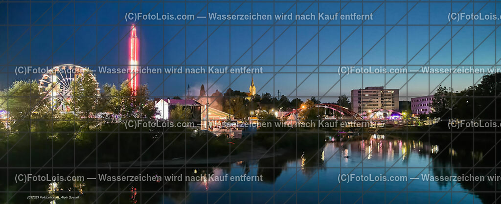 0396_Luftbild_VOLKSFEST-Wlbg_Abend-Lichterstimmung | (C)FotoLois.com, Alois Spandl, Luftbild, Wieselburger VOLKSFEST neu, Feuershow auf der Erlaufinsel unter den Brücken, Do 29. Juni 2023.