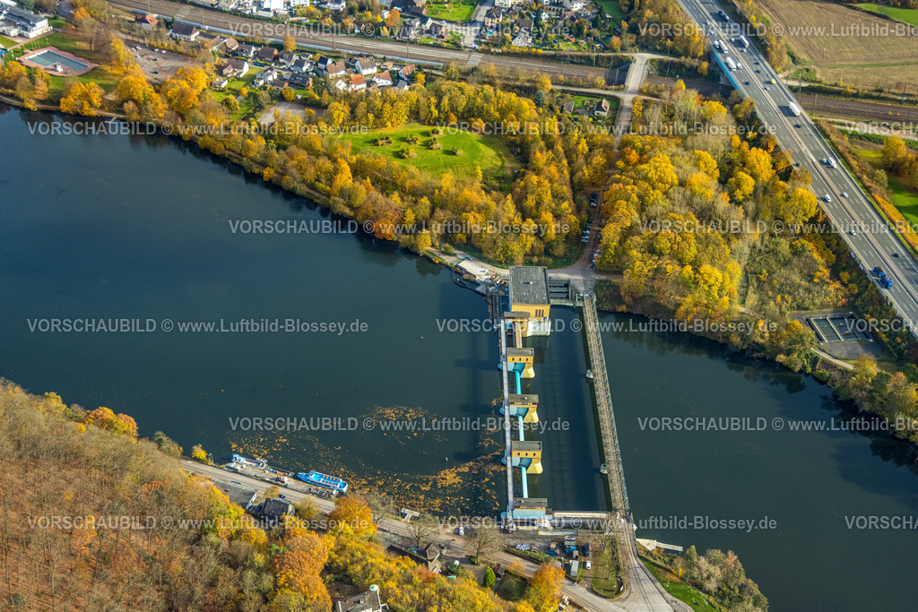 Hagen251100775 | Luftbild, Laufwasserkraftwerk Hengstey und Hengsteysee Brücke Ost, herbstliche Bäume, Boele, Hagen, Ruhrgebiet, Nordrhein-Westfalen, Deutschland