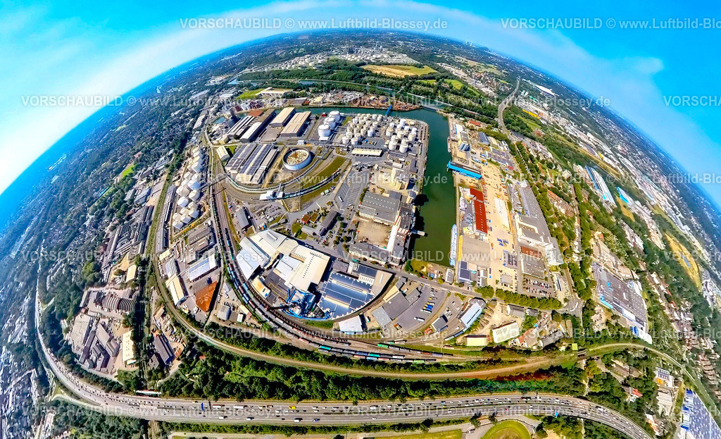 Gelsenkirchen240890585A42_Stadthafen | Luftbild, Stadthafen am Rhein-Herne-Kanal und Autobahn A42 mit Stau, Bahngleise, Erdkugel, Fisheye Aufnahme, Fischaugen Aufnahme, 360 Grad Aufnahme, tiny world, little planet, fisheye Bild, Schalke-Nord, Gelsenkirchen, Ruhrgebiet, Nordrhein-Westfalen, Deutschland