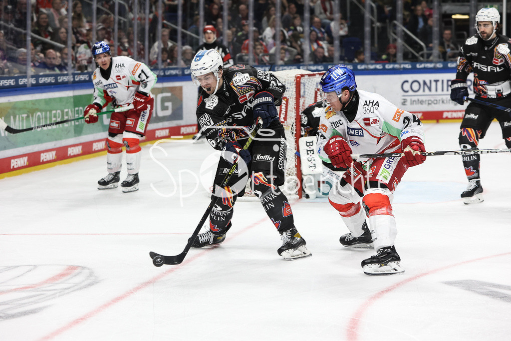 Eisbären Berlin - Augsburger Panther | im Duell Thomas SCHEMITSCH (EBB #62) und Thomas Jordan TREVELYAN (AEV #24) / Zweikampf