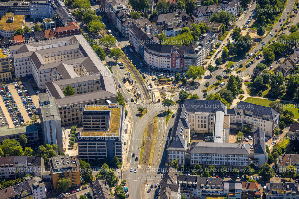 Essen230703207 | Luftbild, Haumannplatz mit Baustelle, Zweigertstraße, Landgericht, Rüttenscheid, Essen, Ruhrgebiet, Nordrhein-Westfalen, Deutschland