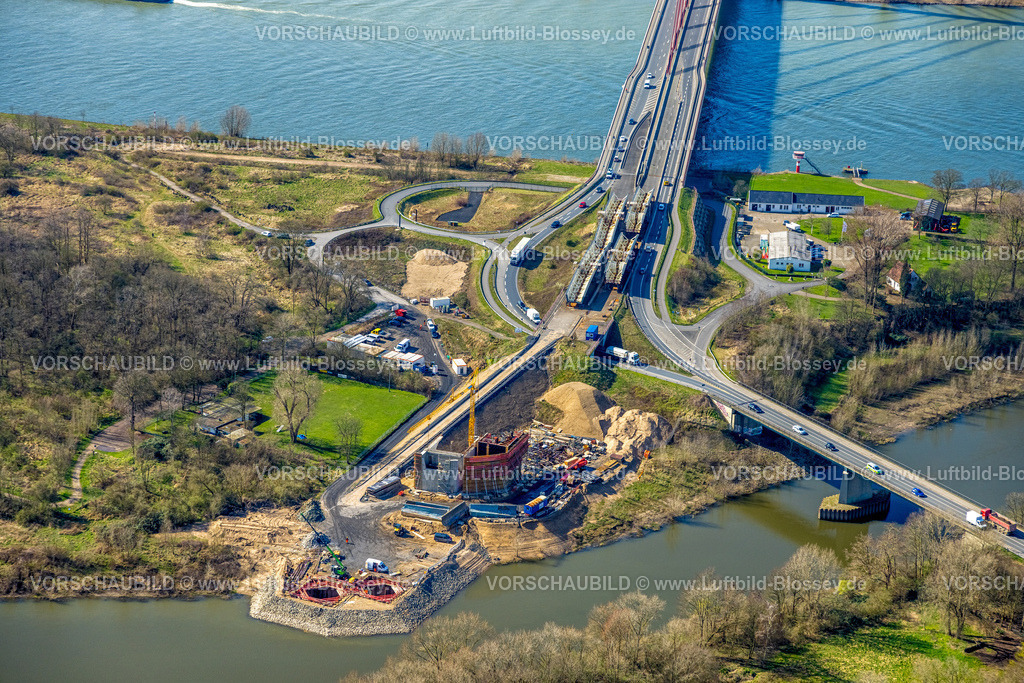 Wesel240310612 | Luftbild, Lippemündungsraum NSG Naturschutzgebiet Lippemündung, Baustelle und Neubau Brücke Schillstraße B58 an der Niderrheinbrücke Wesel und Büdericher Insel, Wesel, Nordrhein-Westfalen, Deutschland