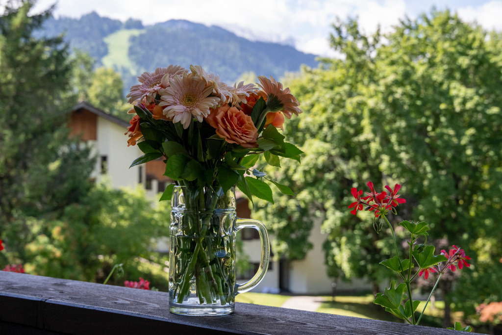 Blumengruß mit Alpenpanorama: Bayerische Gemütlichkeit auf dem Balkon | Ein liebevoll arrangierter Strauß aus zartrosa Gerbera und orangen Rosen blüht in einem klassischen Glaskrug auf einem hölzernen Balkongeländer. Nebenan setzen leuchtend rote Geranien feine Farbakzente. Im sanft verschwommenen Hintergrund erstreckt sich eine idyllische Kulisse aus sonnenverwöhnten Häusern, dichten Laub- und Nadelbäumen sowie den sanften Ausläufern der bayerischen Berge bei Garmisch-Partenkirchen. Ein Bild voller Sommerfrische, Herzlichkeit und entspannter Urlaubsstimmung. - Realisiert mit Pictrs.com