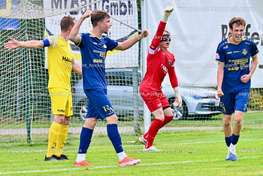 SV Malta vs. ATUS Velden | #1 Sascha Thaler SV Malta, Jubel ATUS Velden Mannschaft, #13 Jonas Peter Jochum ATUS Velden, #26 Luka Nemet ATUS Velden, #21 Manuel Dullnig SV Malta, SV Malta vs. ATUS Velden, SV Malta vs. ATUS Velden am 19.08.2025 in Malta (Sportplatz Malta), Austria, (Photo by Bernd Stefan)