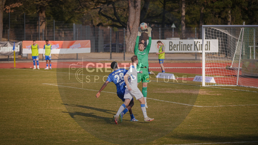 Fußball, Herren, Saison 2025/2026, Regionalliga Nordost, 25. Spieltag, F.C. Hertha 03 Zehlendorf vs. FSV 63 Luckenwalde, Sonntag 08.03.2026, Ernst-Reuter-Sportfeld | Fußball, Herren, Saison 2025/2026, Regionalliga Nordost, 25. Spieltag, F.C. Hertha 03 Zehlendorf vs. FSV 63 Luckenwalde, Sonntag 08.03.2026, Ernst-Reuter-Sportfeld, Im Bild: v.l. Nanitonda Mayivanga Quiala (Zehlendorf), Phil Butendeich (Luckenwalde) und Alexios Dedidis (Zehlendorf) - Realisiert mit Pictrs.com