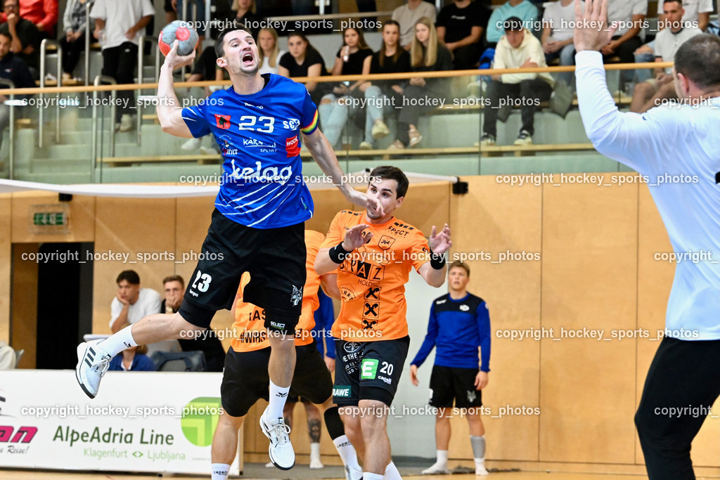 SC Ferlach vs. HSG Holding Graz 23.9.2023 | #23 KOCBEK Jure SC Ferlach, #20 SCHERR Thomas Holding Graz, SC Ferlach vs. HSG Holding Graz 23.9.2023, SC Ferlach vs. HSG Holding Graz am 23.09.2023 in Bleiburg (Ballspielhalle Ferlach), Austria, (Photo by Bernd Stefan)
