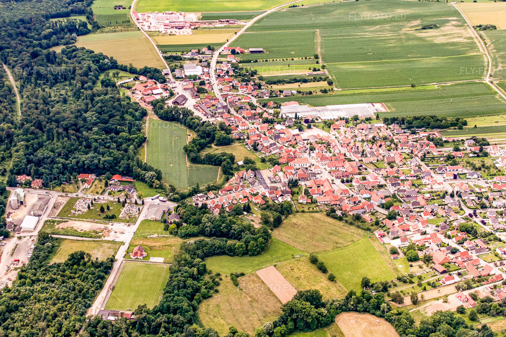 Vue aérienne: Vue du village depuis l'est à Niederrœdern dans le département Bas Rhin, France – .Photo: IMG_19068.jpg prise le 20/06/2009 par Werner Riehm/FLY-FOTO.eu – Résolution de l'original: 4488 x 2992 px