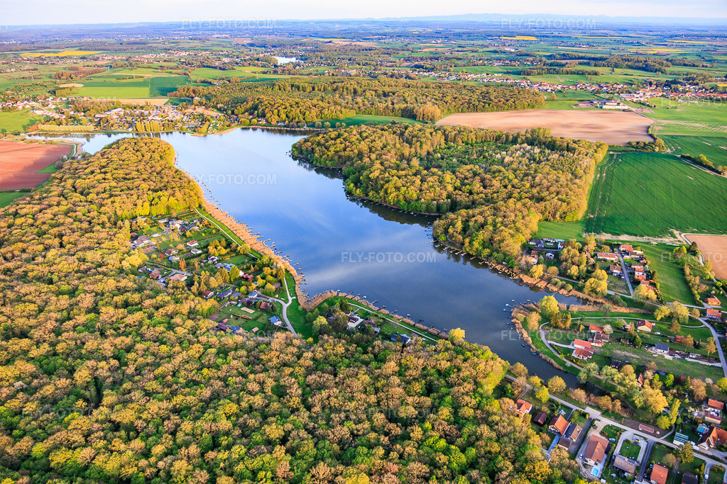 Aerial view: Etang des marais in the forest in Rémering-lès-Puttelange in the state Moselle, France. – Photo: IMG_154791.jpg taken on 04/17/2026 by Werner Riehm/FLY-FOTO.com – Resolution of the original: 6000 x 4000 px