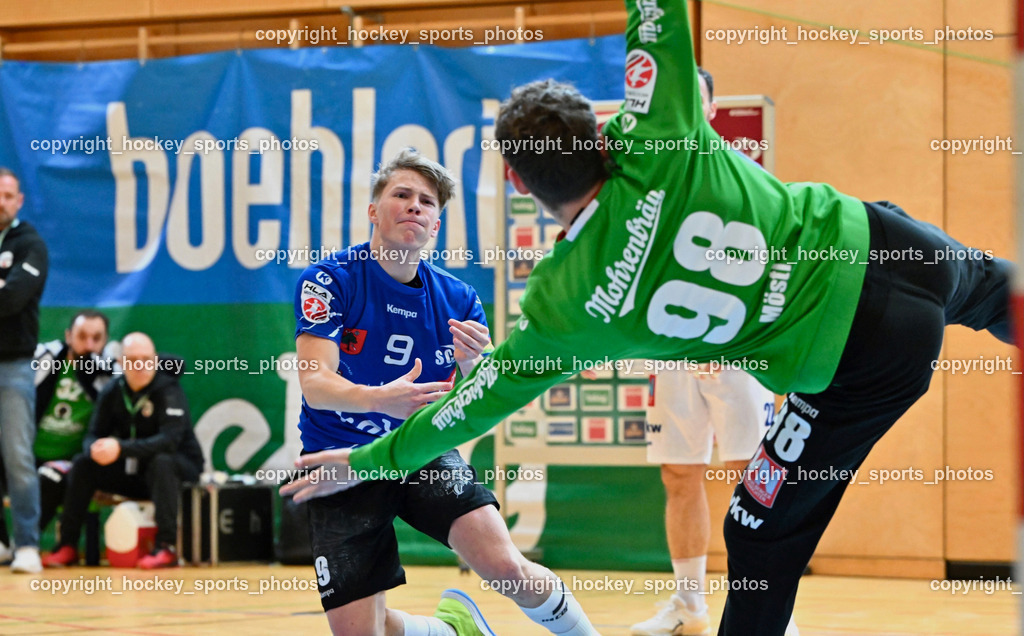 SC Ferlach vs. ALPLA HC Hard 2.3.2024 | #9 SAGER Nico SC Ferlach, #98 MÖSTL Constantin HC Hard, SC Ferlach vs. ALPLA HC Hard 2.3.2024, SC Ferlach vs. ALPLA HC Hard am 02.03.2024 in Ferlach (Ballspielhalle Ferlach), Austria, (Photo by Bernd Stefan)