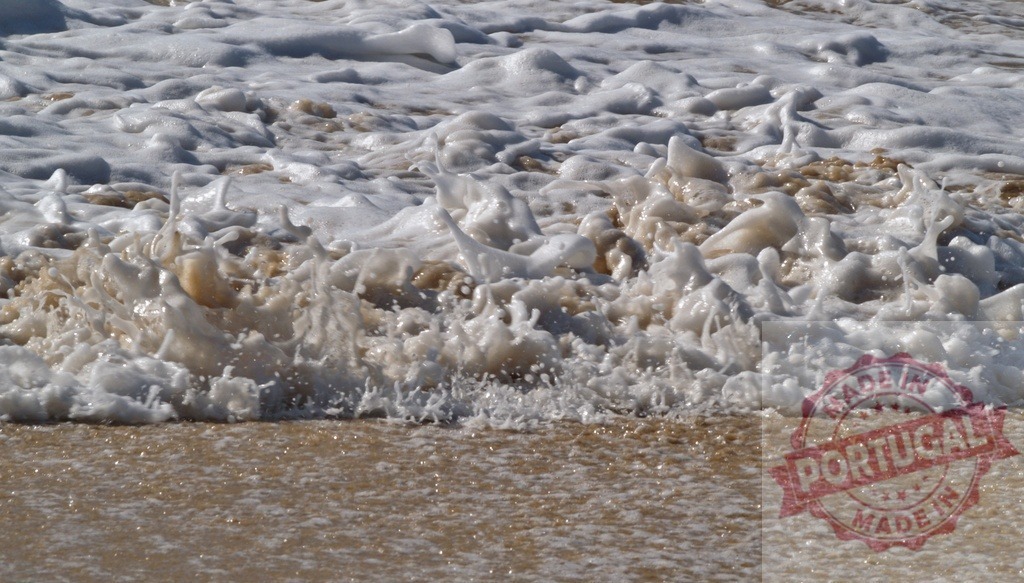 Sea foam creating interesting shapes while splashing on the beach | White sea foam creating interesting shapes while splashing on a golden sandy beach - Realized with Pictrs.com