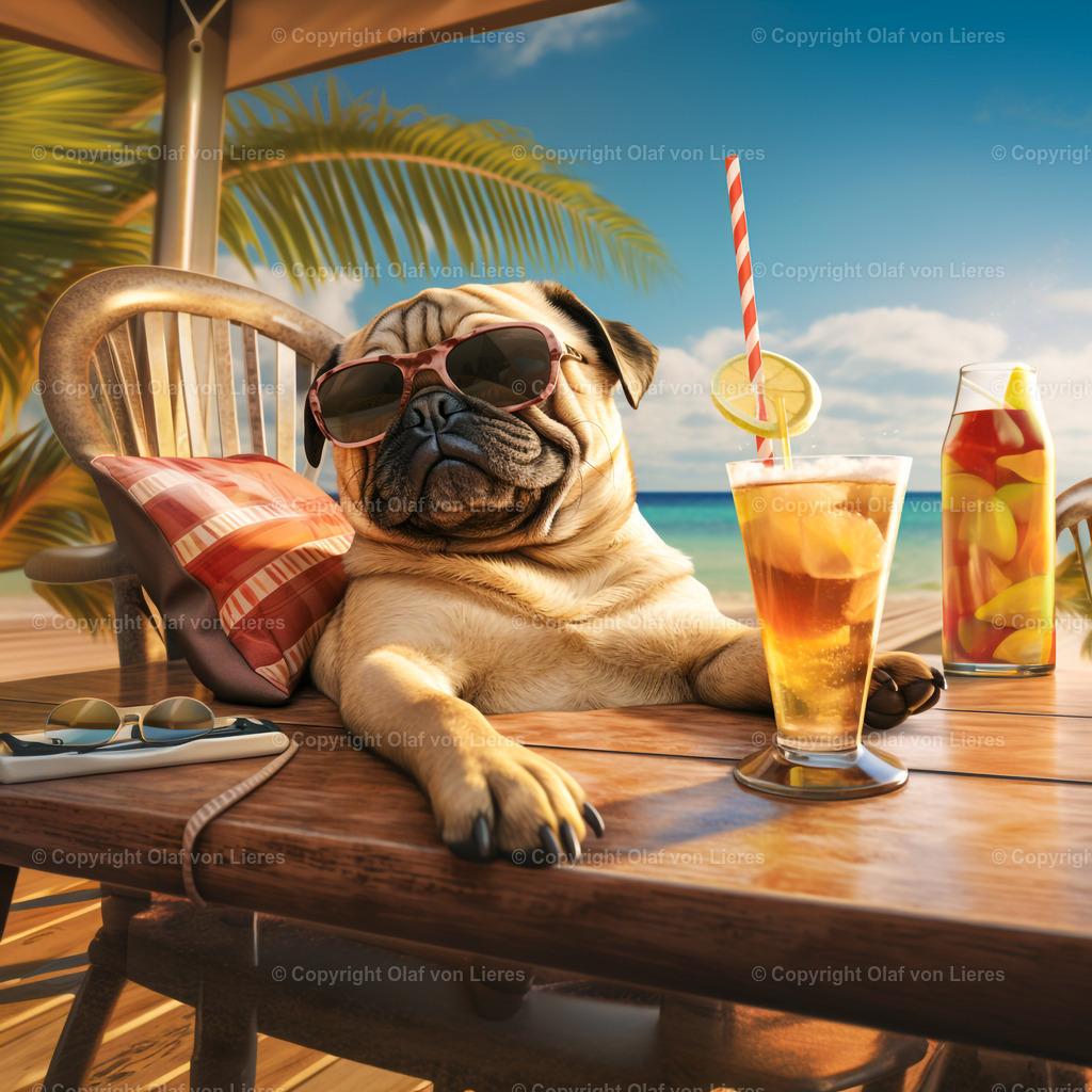Bulldogge mit Cocktail | Mops entspannt am Strand mit Drink