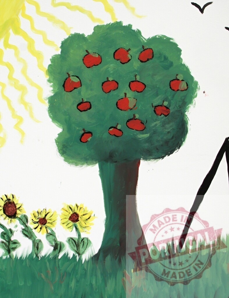 Child painting showing apple tree, sunflowers, and sun | Childlike artwork depicting a nature scene with an apple tree, sunflowers, and the sun - Realized with Pictrs.com