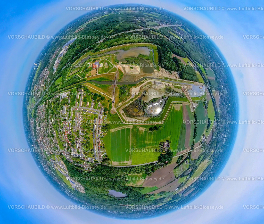 Castrop-Rauxel240590413RegenrueckhaltebeckenEmscherMengede | Luftbild, Hochwasserrückhaltebecken Mengede / Emscher-Auen, Hof Emschertal, am Autobahndreieck Dortmund-Nordwest Mengede der Autobahn A45 und Autobahn A2, Verkehrssituation, Erdkugel, Fisheye Aufnahme, Fischaugen Aufnahme, 360 Grad Aufnahme, tiny world, little planet, fisheye Bild, Ickern, Castrop-Rauxel, Ruhrgebiet, Nordrhein-Westfalen, Deutschland