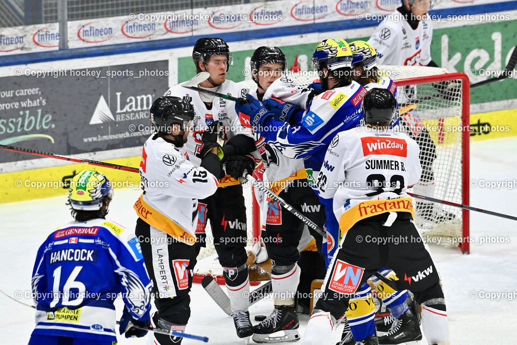 EC IDM Wärmepumpen VSV vs. Pioneers Vorarlberg | #33 Aron Summer Pioneers Vorarlberg, #16 Kevin Hancock EC VSV, #8 Maximilian Rebernig EC VSV, EC IDM Wärmepumpen VSV vs. Pioneers Vorarlberg, EC IDM Wärmepumpen VSV vs. Pioneers Vorarlberg am 22.02.2026 in Villach (Stadthalle Villach), Austria, (Photo by Bernd Stefan)