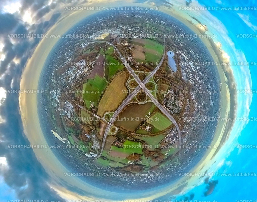 Bochum231190079A43Stadionstandort-topaz | Luftbild, Autobahnkreuz Bochum-Witten der Autobahn A43 und Autobahn A448, Autobahnanschlussstelle Universitätsstraße mit dem Tierheim Bochum inmitten Wiesen und Feldern mit herbstlichen Laubbäumen, neuer Stadionstandort geplantes  Gelände für das Bundesligastadion Vonovia Ruhrstadion des Fußballvereins VfL Bochum 1848, Ümminger See Naherholungsgebiet und Großbaustelle Mark 51/7, Erdkugel, Fisheye Aufnahme, Fischaugen Aufnahme, 360 Grad Aufnahme, tiny world, little planet, fisheye Bild, Langendreer, Bochum, Ruhrgebiet, Nordrhein-Westfalen, Deutschland