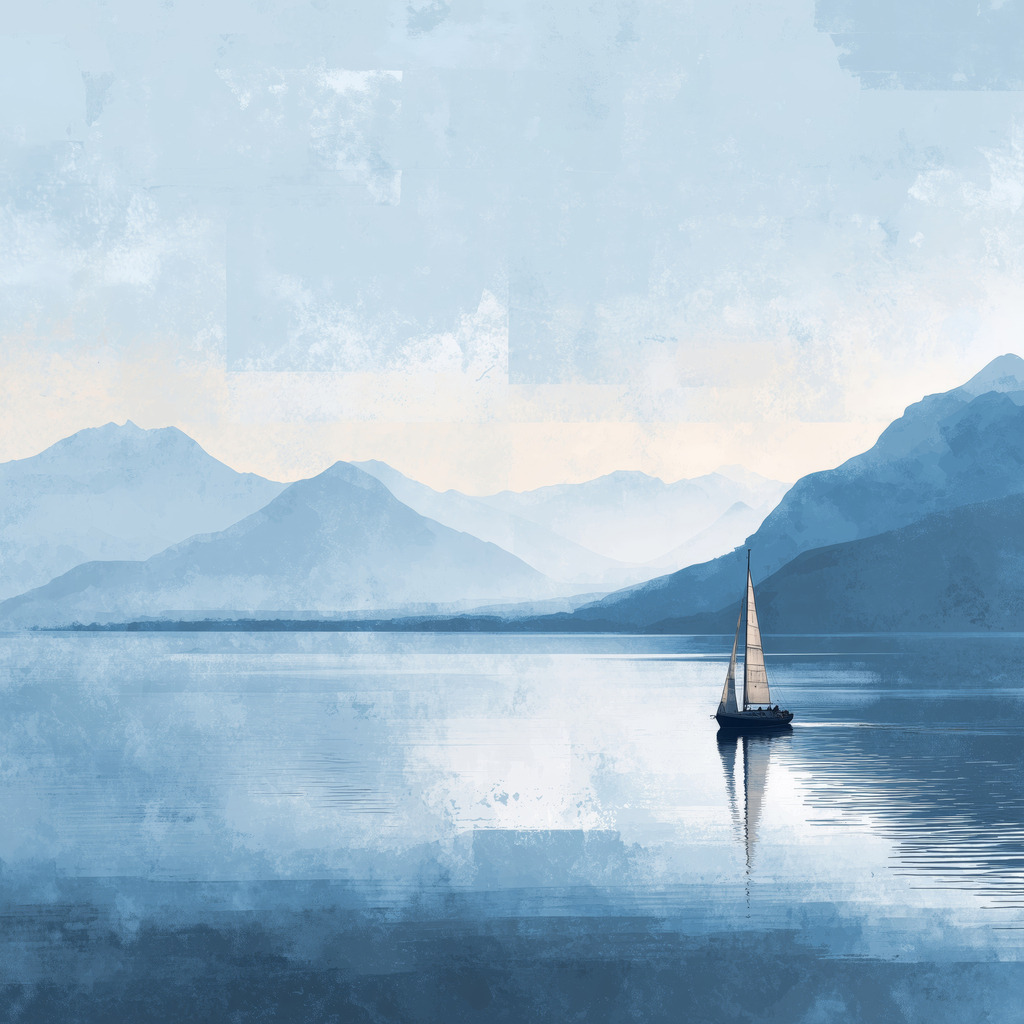 2603007 - Segelboot auf einem Bergsee | Ein einsames Segelboot auf einem Bergsee mit dezenten Farben und einem leicht abstrakten Hintergrund.