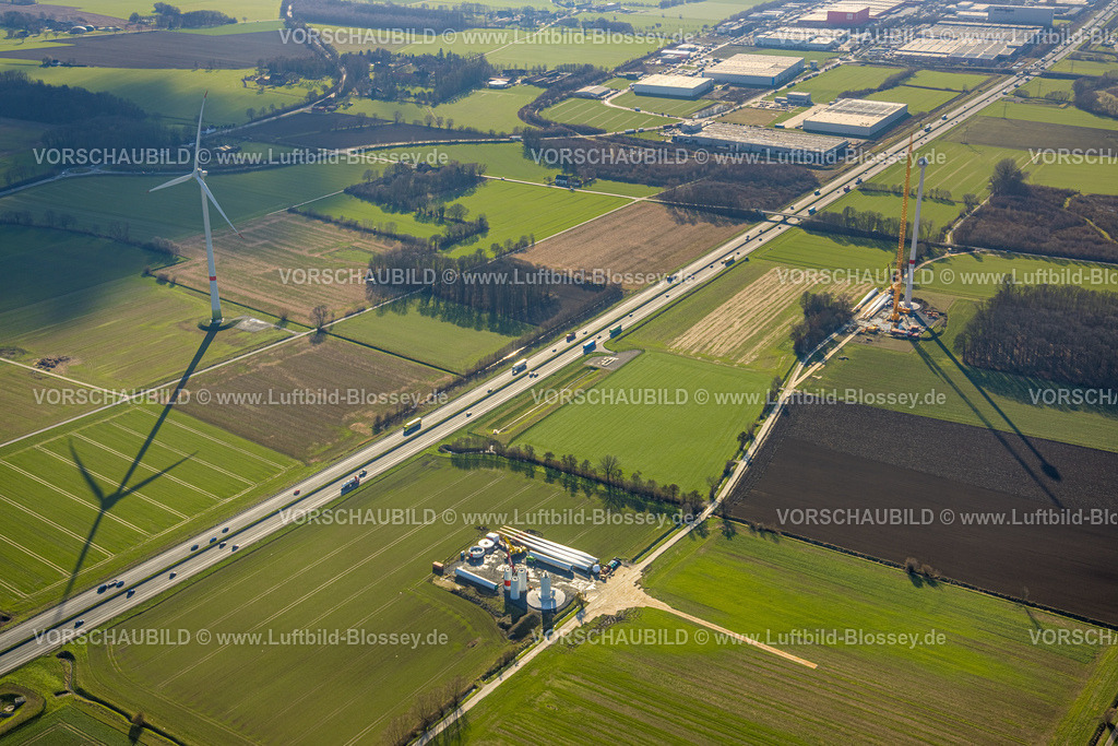 Hamm230216373 | Luftbild, Windrad Baustelle mit Neubau, am Hellweg nahe der Autobahn A2, Stadtbezirk Pelkum, Hamm, Ruhrgebiet, Nordrhein-Westfalen, Deutschland