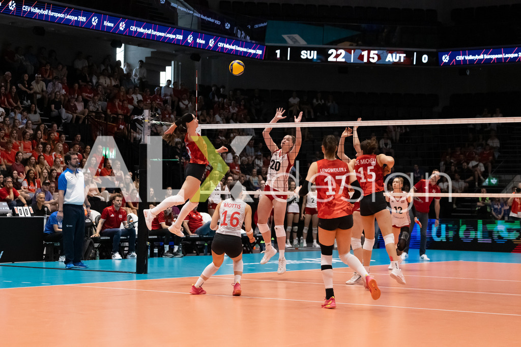 Austria v Switzerland - CEV European League Women | KRIENS, SWITZERLAND - JUNE 14: SARINA WIELAND of Switzerland attack / spike against DIANA VAVREK of Austria during the CEV European League match between Austria and Switzerland at Pilatus Arena on June 14, 2026 in Kriens, Switzerland. - Realisiert mit Pictrs.com
