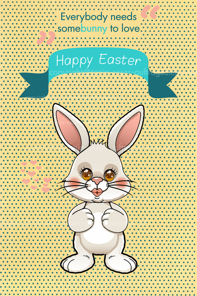 Hase Kuss | Heller Hase gibt einen Kuss. Englischer Text mit Wortspiel: Everybody needs some bunny to love. Happy easter. Modernes Farbkonzept.