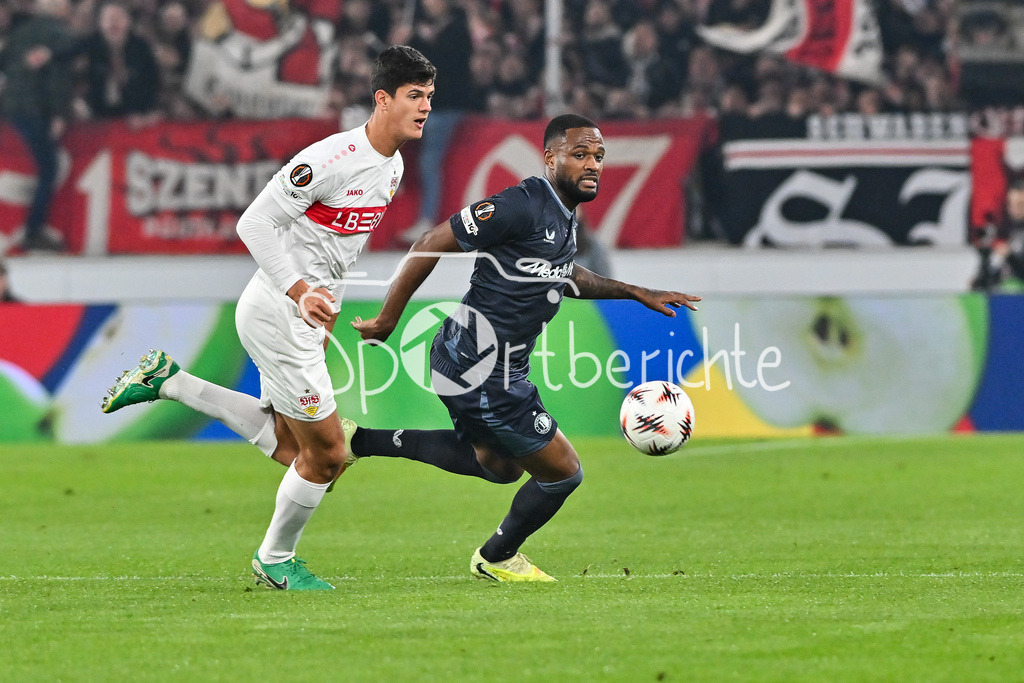 VfB Stuttgart - Feyenoord Rotterdam | STUTTGART, DEUTSCHLAND - 6. NOVEMBER: im Duell Chema ANDRES (VfB Stuttgart 30) und Cyle LARIN (Feyenoord Rotterdam 10) beim Ligaspiel zwischen dem VfB Stuttgart und Feyenoord Rotterdam am 4. Spieltag der Europa League in der MHP-Arena am 06.11.2025