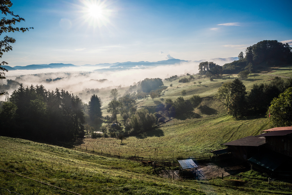 Sonnenaufgang ausserhalb von Nuglar | Sonnenaufgang ausserhalb von Nuglar mit Wolken und Nebel über dem Tal. - Realisiert mit Pictrs.com
