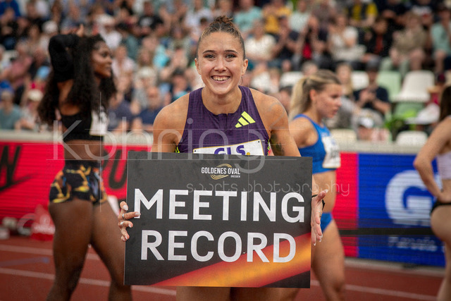 Golden Oval; Dresden, 31.05.2026 | DRESDEN , GERMANY - MAY 31:  Temporary Meeting record (11,22s) - Rebekka Haase (GER / Germany) competes during the Golden Oval Continental Tour Silver meeting on May 31, 2026 at Heinz-Steyer-Stadion in Dresden, Saxony, Germany.