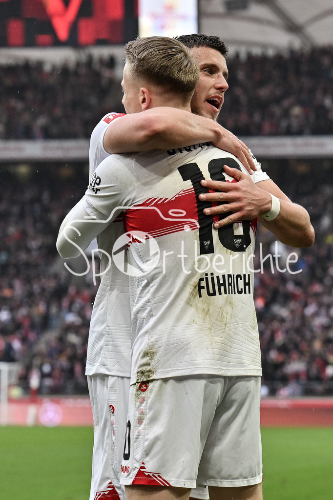 VfB Stuttgart - Hamburger SV | STUTTGART, GERMANY - 12. APRIL: Stuttgart celebrating the goal to makes 2-0 - Chris FÜHRICH (VfB Stuttgart 10) - Tor / Torschuetze / Freude / Happy during the Bundesliga Match between VfB Stuttgart vs. Hamburger SV on Matchday 29 at MHP Arena / DFL REGULATIONS PROHIBIT ANY USE OF PHOTOGRAPHS AS IMAGE SEQUENCES AND/OR QUASI-VIDEO / Ermedin DEMIROVIC (VfB Stuttgart 9)