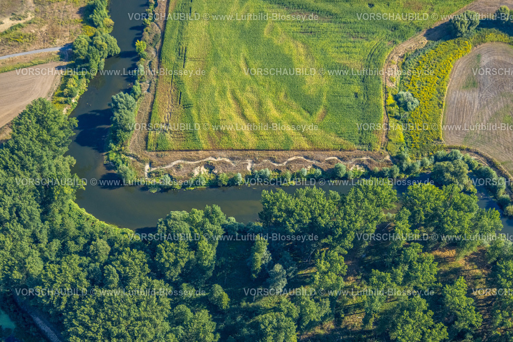 Olfen220805974LippeVogelsang | Luftbild, Fluss Lippe, Flusslauf rechtwinklig, Fluss- und Auenentwicklung der Lippe Vogelsang, Renaturierung, Sandbank NSG Lippeaue, Stadtgrenze Olfen-Datteln, Olfen-Kirchspiel, Olfen, Ruhrgebiet, Nordrhein-Westfalen, Deutschland