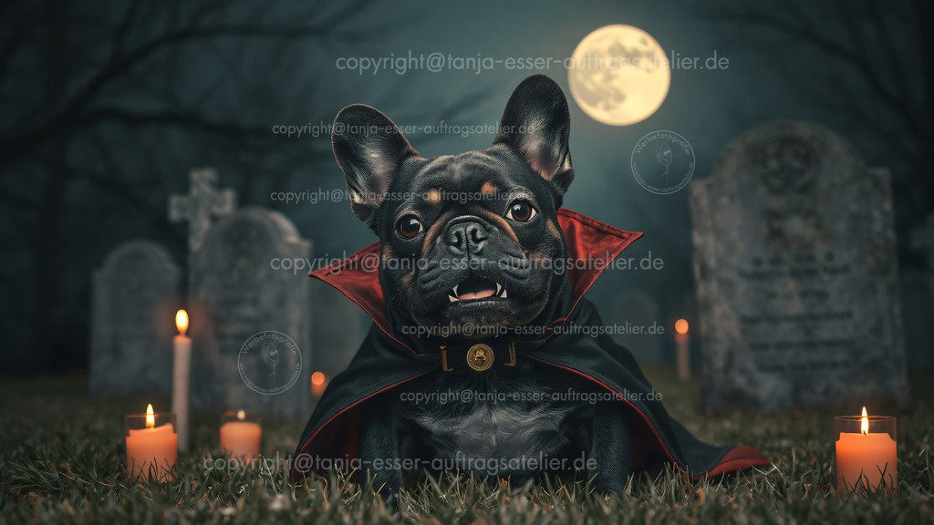 Schwarze französische Bulldogge feiert Halloween | Eine schwarze junge französische Bulldogge ist als Vampir verkleidet. Hund sitzt auf einem Friedhof bei Vollmond und Kerzenschein. Generative KI.