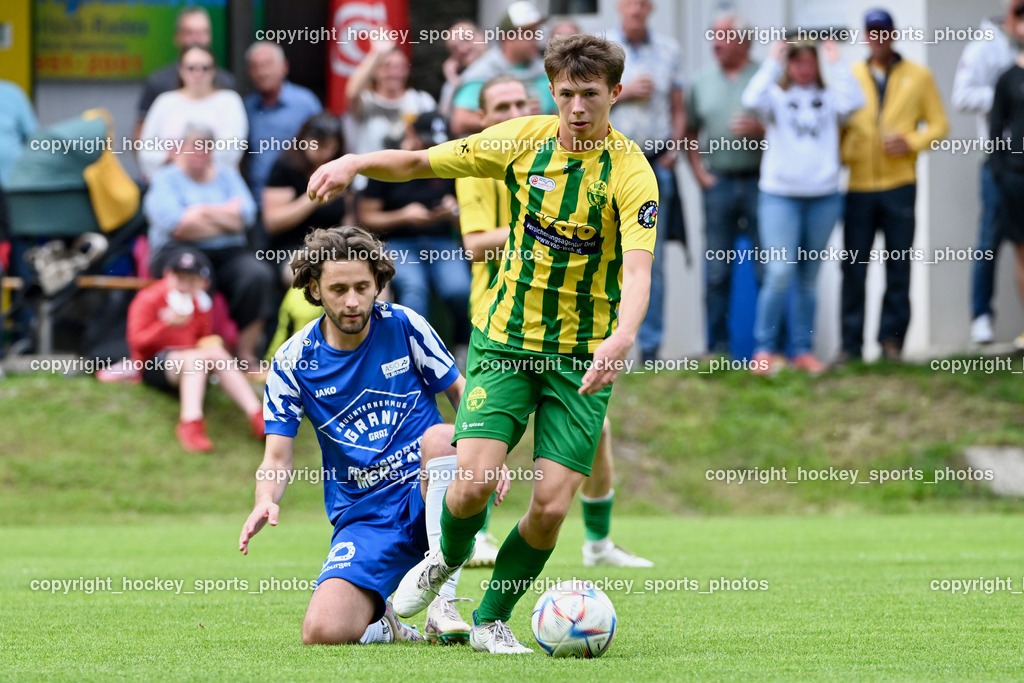 WSG Radenthein vs. St. Michael ob Bleiburg | #11 Arnold Gross St. Michael ob Bleiburg, #19 Simon Hinteregger WSG Radenthein, WSG Radenthein vs. St. Michael ob Bleiburg, WSG Radenthein vs. St. Michael ob Bleiburg  am 15.06.2024 in Radenthein (Sportplatz Radenthein), Austria, (Photo by Bernd Stefan)