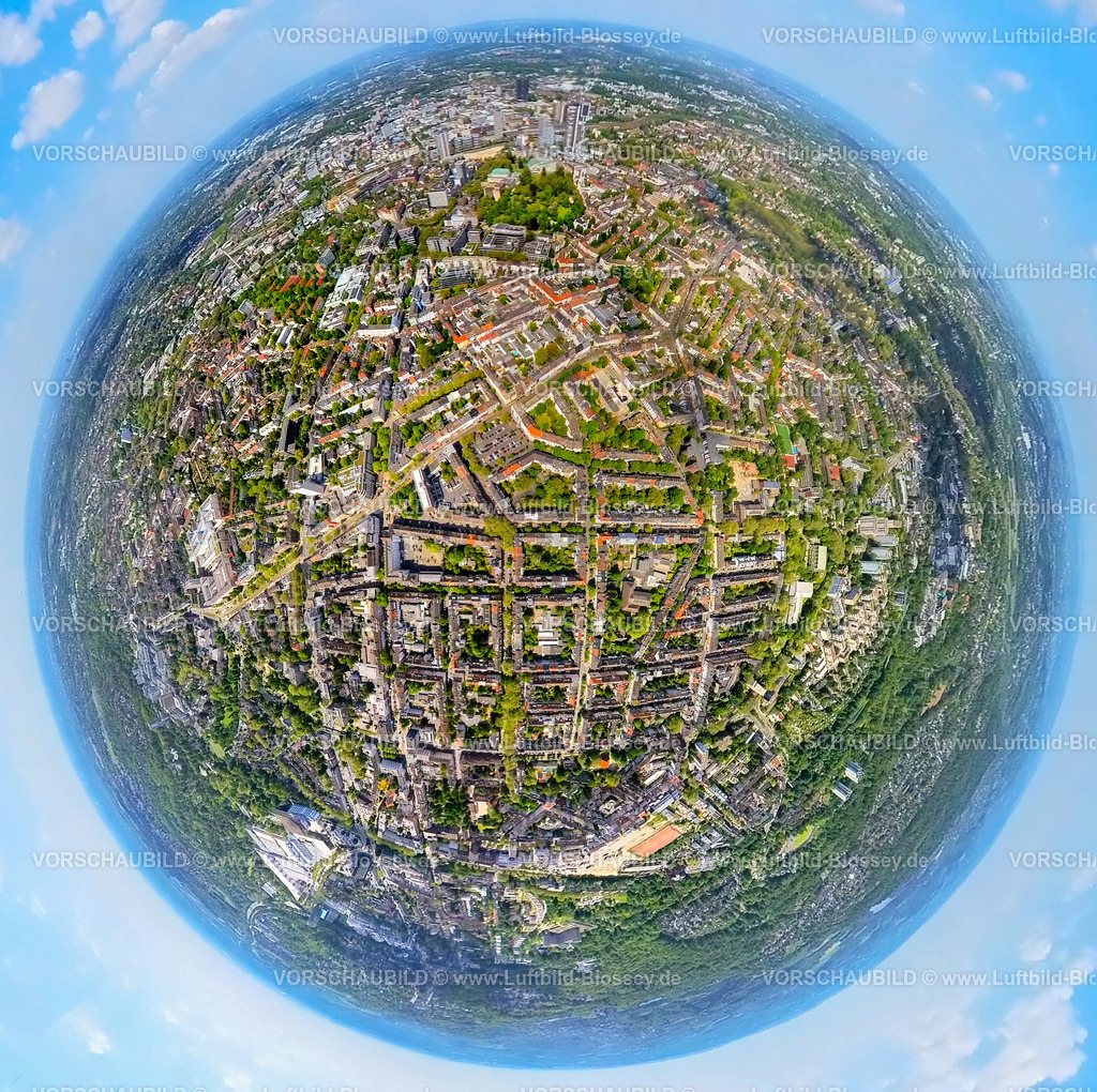 Essen230520096Ruettenscheid | Luftbild, City Innenstadtansicht, Alfredstraße, Erdkugel, Fisheye Aufnahme, Fischaugen Aufnahme, 360 Grad Aufnahme, Rüttenscheid, Essen, Ruhrgebiet, Nordrhein-Westfalen, Deutschland