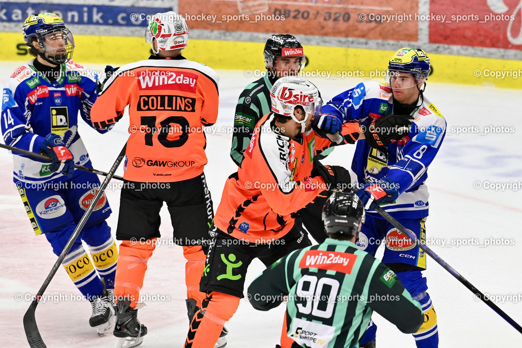 EC IDM WÄRMEPUMPEN VSV vs. MOSER MEDICAL GRAZ99ERS | #14 Johannes Tschurnig EC VSV, #10 Chris Collins Graz 99ers, #78 Felix Maxa EC VSV, PUFF WOLFGANG Referee, ZACHERL PATRICK Referee, #3 Frank Hora Graz 99ers, EC IDM WÄRMEPUMPEN VSV vs. MOSER MEDICAL GRAZ99ERS, EC IDM WÄRMEPUMPEN VSV vs. MOSER MEDICAL GRAZ99ERS am 12.03.2026 in Villach (Stadthalle Villach), Austria, (Photo by Bernd Stefan)