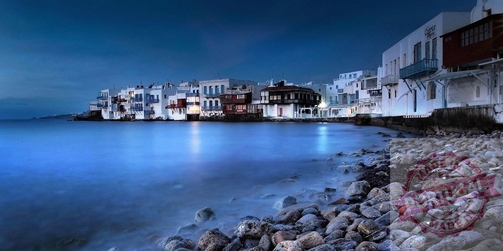 Little Venice, Mykonos town waterfront at blue hour | Whitewashed buildings along the Aegean Sea coast in Mykonos, Greece - Realized with Pictrs.com