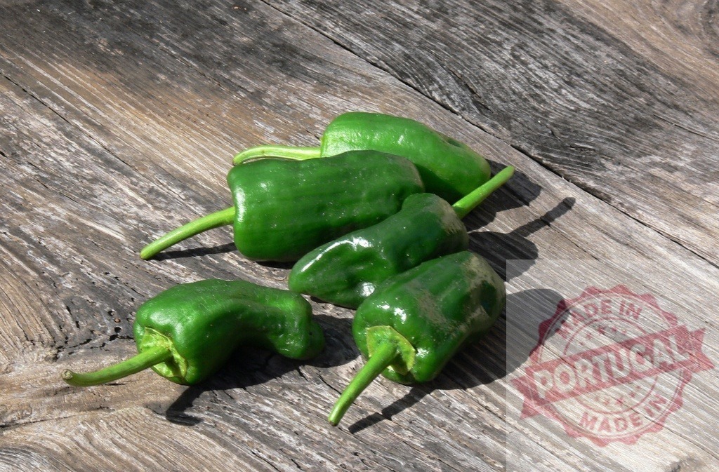 Fresh green padrón peppers on rustic wooden surface | Vibrant green padrón peppers displayed on aged wooden table in natural light - Realized with Pictrs.com