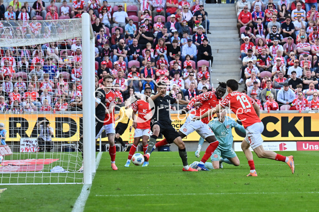 1. FSV Mainz 05 - FC Bayern München | MAINZ, GERMANY - 25. APRIL: in dieser Szene erzielt Jamal MUSIALA (FC Bayern Munich 10) den Treffer zum 3-3 Ausgleich während dem Bundesligamatch zwischen dem 1. FSV Mainz 05 und dem FC Bayern München am 31. Spieltag in der MEWA Arena / DFL REGULATIONS PROHIBIT ANY USE OF PHOTOGRAPHS AS IMAGE SEQUENCES AND/OR QUASI-VIDEO