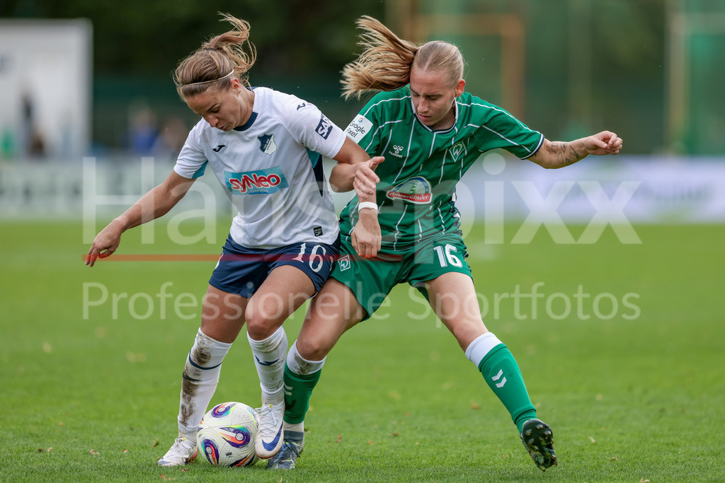 Fussball, Google Pixel Frauen-Bundesliga, SV Werder Bremen - TSG 1899 Hoffenheim | v.li.: Dominika Grabowska (TSG 1899 Hoffenheim, 16) und Emöke Papai (SV Werder Bremen, 16) im Zweikampf, Duell, Dynamik, Aktion, Action, Spielszene, DIE DFB-RICHTLINIEN UNTERSAGEN JEGLICHE NUTZUNG VON FOTOS ALS SEQUENZBILDER UND/ODER VIDEOÄHNLICHE FOTOSTRECKEN. DFB REGULATIONS PROHIBIT ANY USE OF PHOTOGRAPHS AS IMAGE SEQUENCES AND/OR QUASI-VIDEO.
