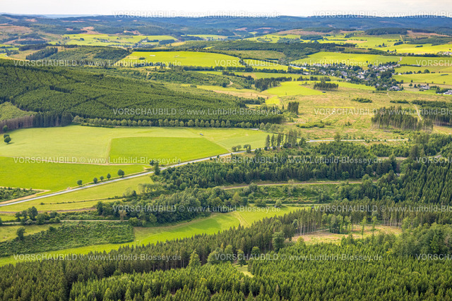 Erndtebrueck240709629 | Luftbild, Waldgebiet mit Waldschäden, grüne Wiesen und Hügellandschaft mit Fernsicht bei Amtshausen, Bad Laasphe, Kreis Siegen-Wittgenstein, Nordrhein-Westfalen, Deutschland