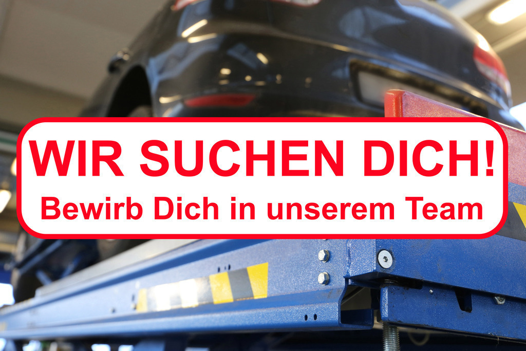 KfZ-Mechatroniker gesucht (Vorlage) | Wir suchen Dich (KfZ Mechatroniker): Text WIR SUCHEN DICH BEWIRB DICH IN UNSEREM TEAM  auf dem Bild von einem Auto auf einer Hebebühne (Vorlage Mitarbeitersuche) - Realisiert mit Pictrs.com