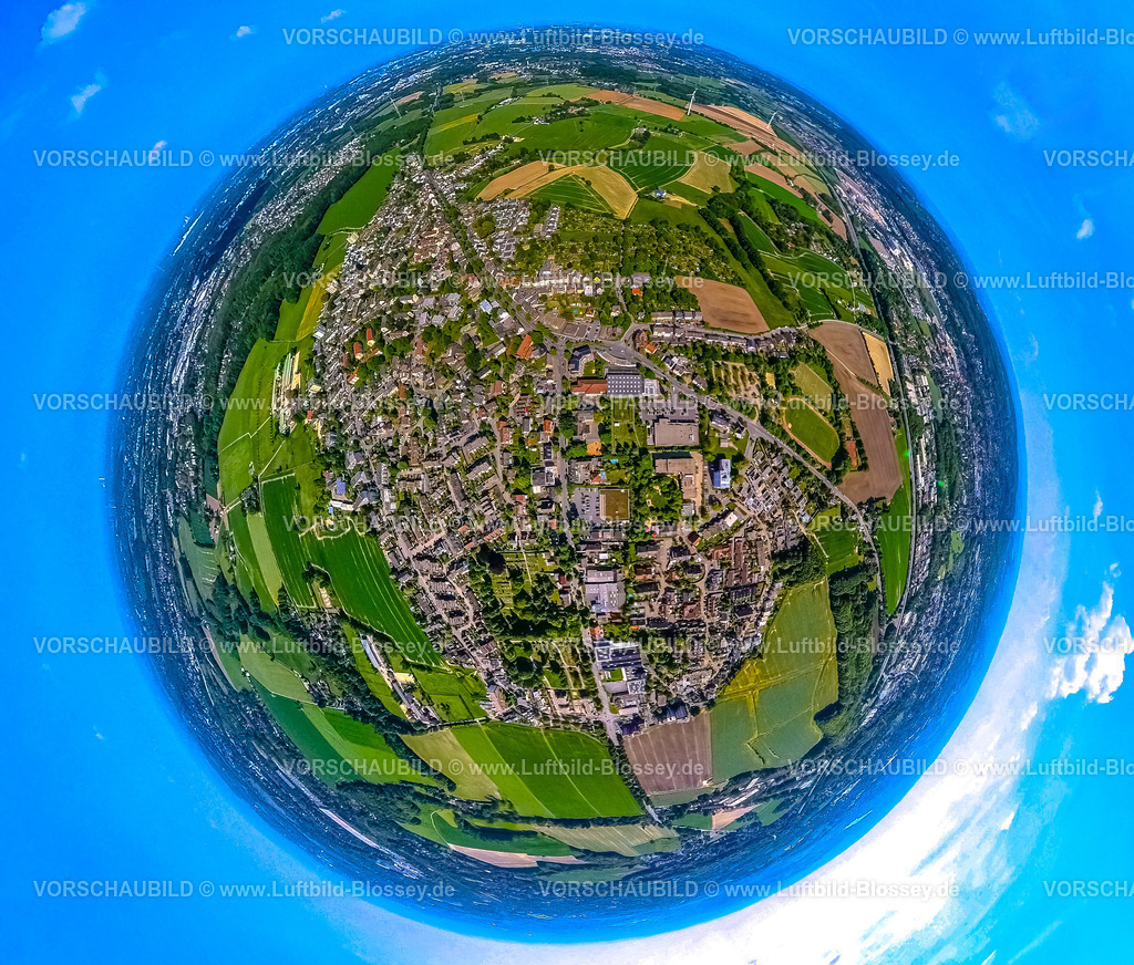 Witten240590350Stockum | Luftbild, Erdkugel, Fisheye Aufnahme, Fischaugen Aufnahme, 360 Grad Aufnahme, tiny world, little planet, fisheye Bild, Wohngebiet Ortsansicht Ortsteil Stockum, Hörder Straße, umgeben von Wiesen und Feldern, Stockum, Witten, Ruhrgebiet, Nordrhein-Westfalen, Deutschland
