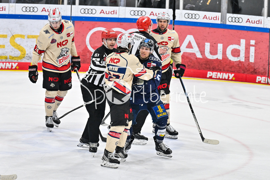 ERC Ingolstadt - Nuernberg Ice Tigers | Nach der Partie haben sich Hayden SHAW (Nuernberg Ice Tigers 82) und Leon HUETTL (ERC Ingolstadt 25) noch ein paar Worte zu sagen / fight / kampf / Faustkampf / DEL: ERC Ingolstadt - Nuernberg Ice Tigers, Saturn-Arena am 26.03.2025