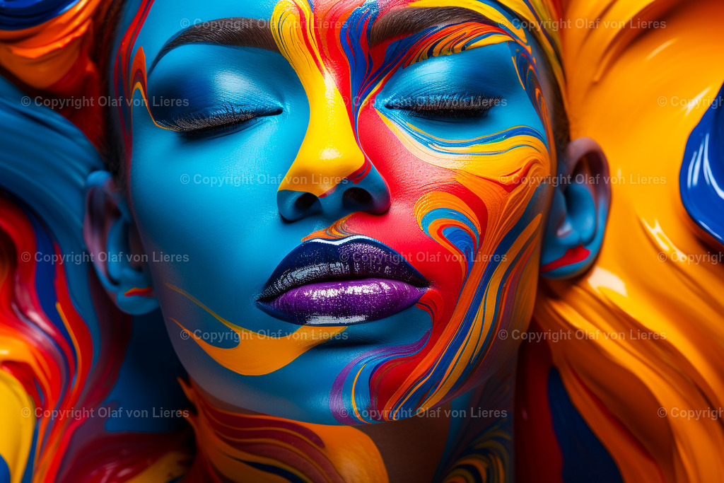 Frauengesicht mit Farbe Wandbild | Gesicht einer Frau mit bunten Farben