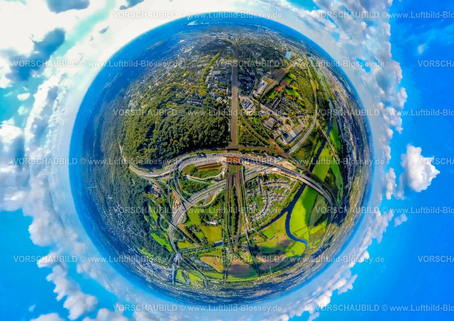 Duisburg241090052BAB-Kreuz-Kaiserberg | Luftbild, Baustelle Autobahnkreuz Kaiserberg, Autobahn A3 und Autobahn A40, Erdkugel, Fisheye Aufnahme, Fischaugen Aufnahme, 360 Grad Aufnahme, tiny world, little planet, fisheye Bild, Duissern, Duisburg, Ruhrgebiet, Nordrhein-Westfalen, Deutschland