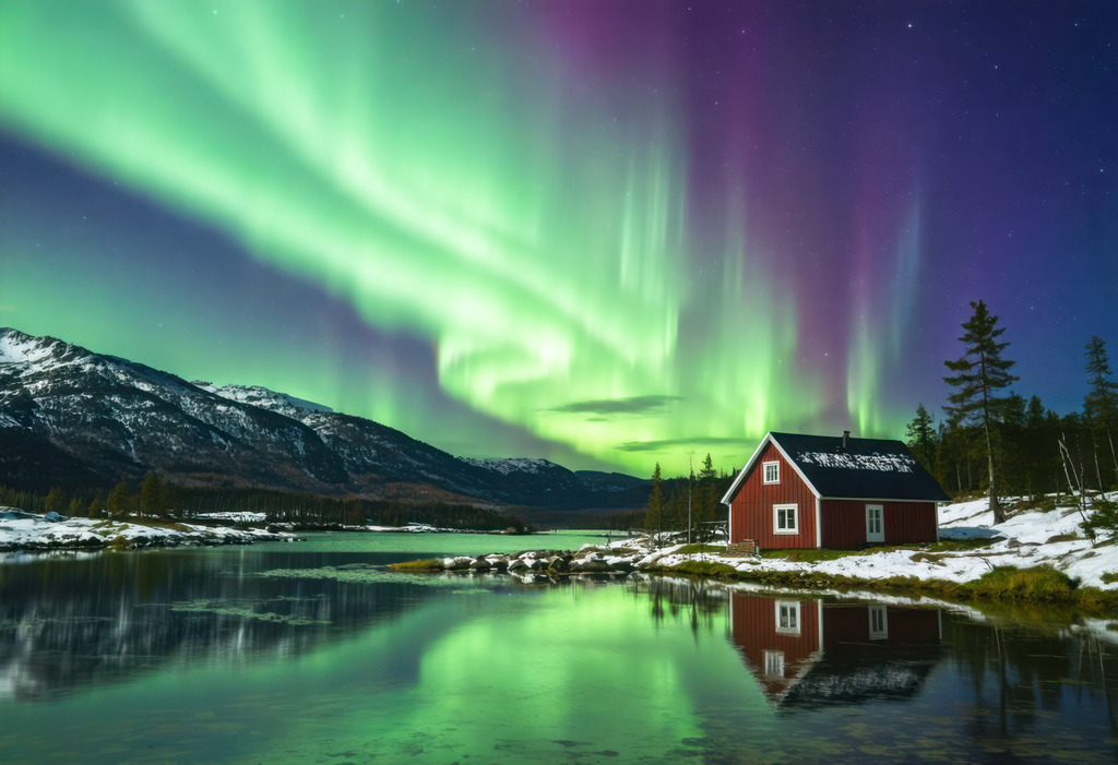 Wandbild - Nordlichter über Bergen | Dieses Wandbild zeigt die eindrucksvolle Schönheit einer arktischen Nacht in Norwegen. Leuchtend grüne Polarlichter tanzen über den Himmel, spiegeln sich im ruhigen Wasser und tauchen die Landschaft in ein fast unwirkliches Licht. Das rote Holzhaus am Ufer vermittelt Geborgenheit und Kontrast zur gewaltigen Natur. Ein Motiv voller Stille, Kraft und Wunder. Ideal für alle, die sich von der Faszination des Nordens inspirieren lassen möchten. KI-generierte Inhalte.